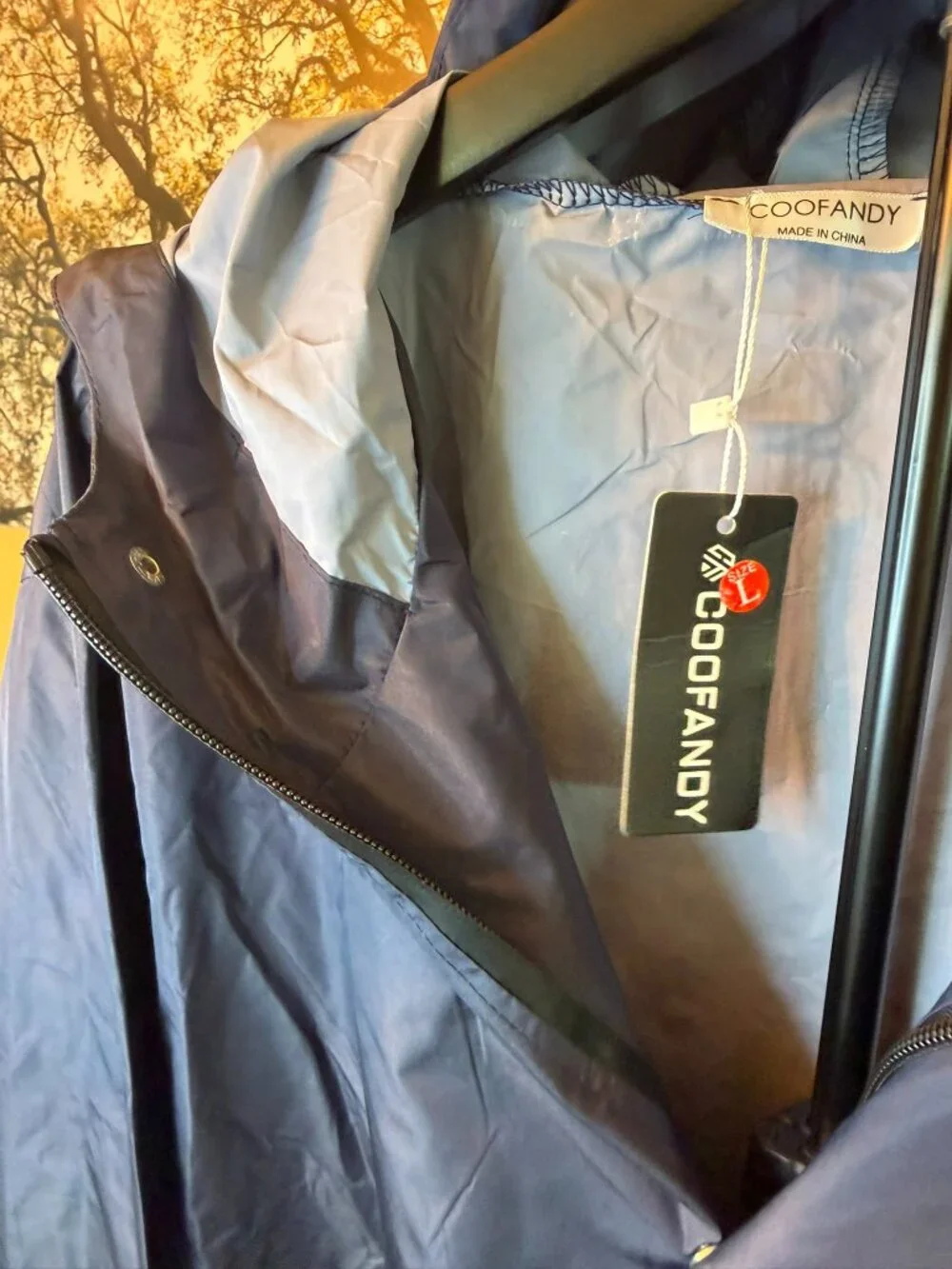 COOFANDY Men’s Long Waterproof Raincoat Jacket Hooded Navy Blue L NWT
